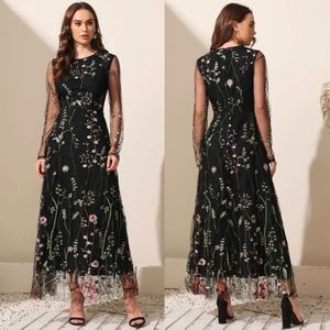 Floral Embroidery Mesh Maxi Dress